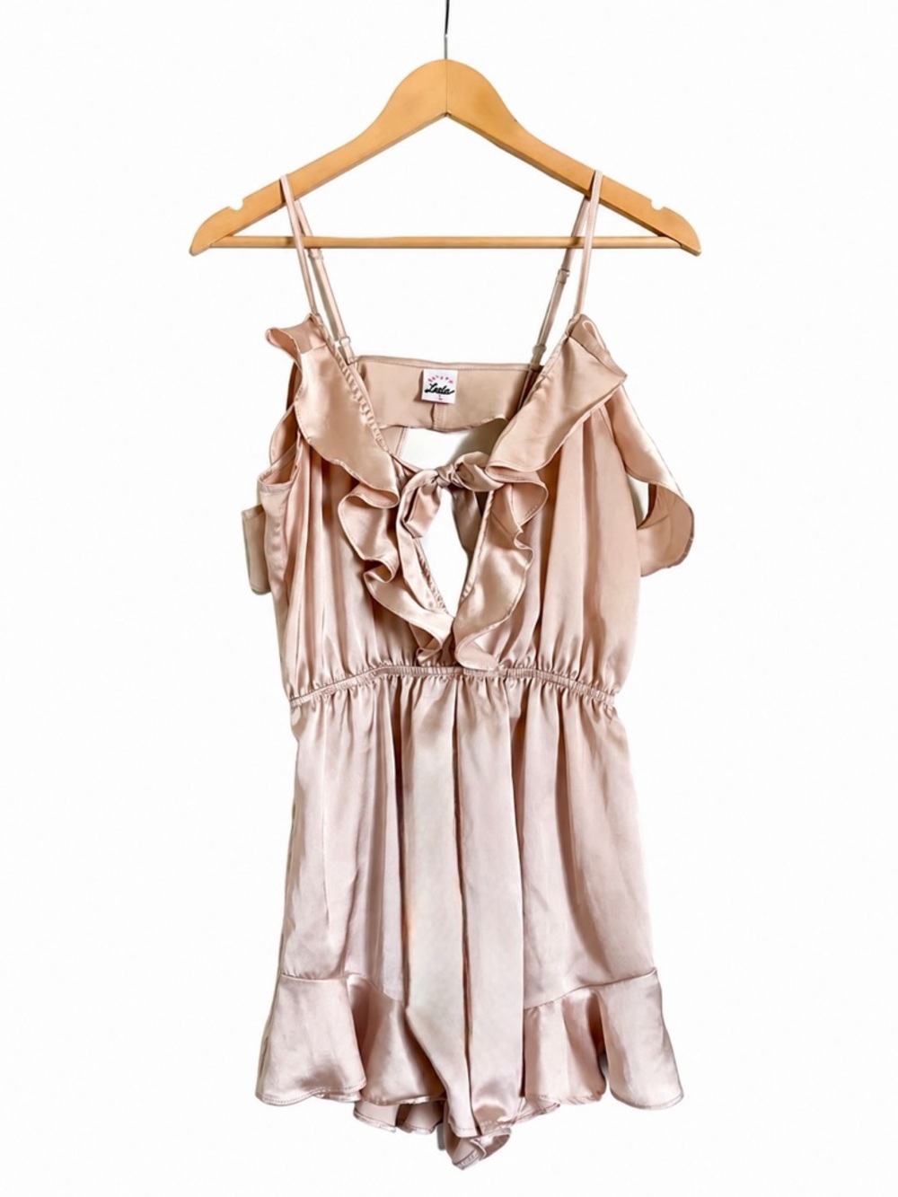 Selfie Leslie Gold Satin Style Romper Shorts Off Shoulder Size Small - Picture 7 of 14